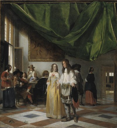 Innenraum mit einem jungen Paar und Menschen, die Musik machen von Pieter de Hooch
