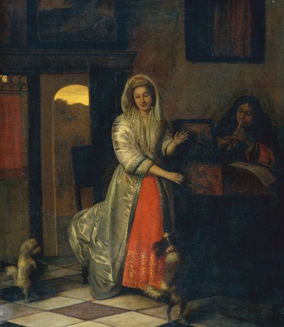 Dame und Herr machen Musik mit tanzenden Hunden von Pieter de Hooch