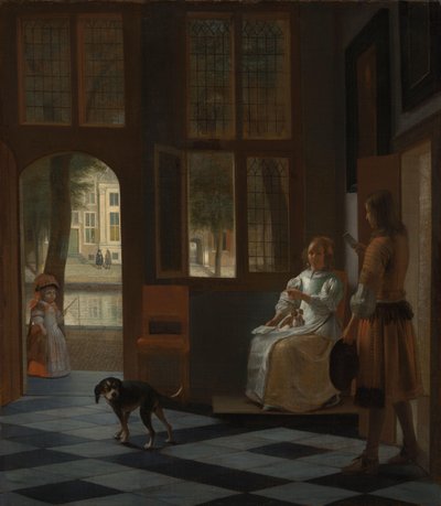 Mann übergibt einer Frau einen Brief in der Eingangshalle eines Hauses von Pieter de Hooch