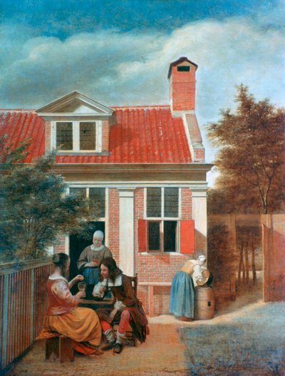 Drei Frauen und ein Mann in einem Hof hinter einem Haus, um 1657-1659 von Pieter de Hooch
