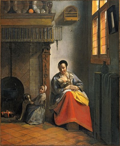 Frau stillt ein Kind, mit einem Kind und einem Hund von Pieter de Hooch