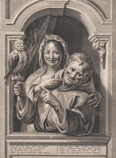 Ein Narr mit einer Eule und einer Frau am Fenster von Pieter de Jode II