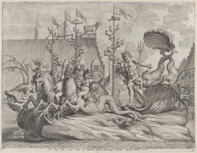 Platte 35: Philipp von Spanien als Neptun, reitend in einem von zwei Seepferdchen gezogenen Wagen von Pieter de Jode II