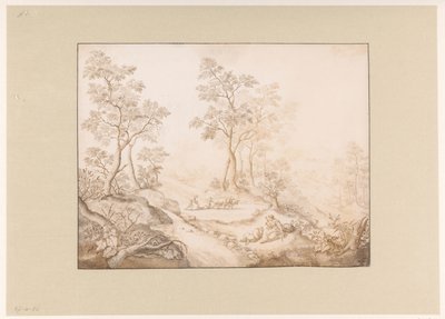 Baumreiche Landschaft mit Frau, Mann und einem Bauern von Pieter de Porck