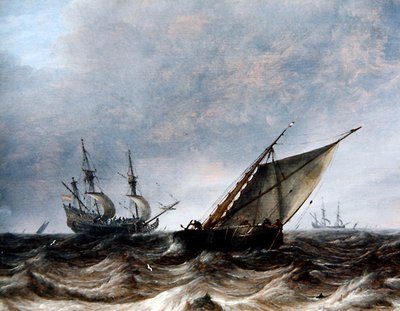 Ein Smalschip und ein Kriegsschiff in stürmischer See von Pieter the Elder Mulier
