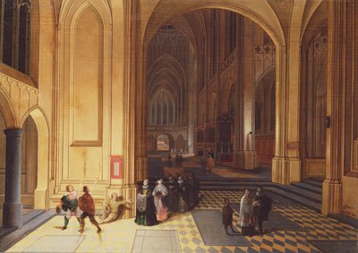 Innenraum einer Kathedrale mit einem Bettler und anderen Figuren von Pieter the Elder Neeffs