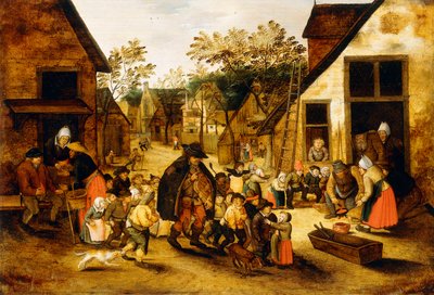 Ein blinder Drehleierspieler umgeben von Kindern in einem Dorf, um 1610 von Pieter Brueghel the Younger