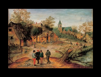 Ein Dorflandschaft mit Bauern, die im Vordergrund sprechen, 1634 von Pieter Brueghel the Younger