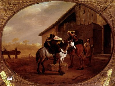 Abreise vom Hotel Zwei Reiter reiten nach einem Halt in einem Gasthaus von Pieter van Laar