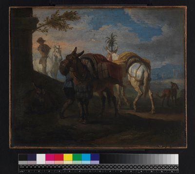 Maultiere, die am Straßenrand haltmachen, vor 1720 von Pieter van Bloemen