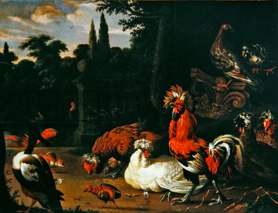 Ein Hahn, Hühner, Küken und Enten in einem Garten von Pieter van Mase