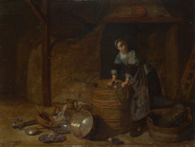 Eine Frau, die einen Topf scheuert, ca. 1650-1660 von Pieter van den Bosch