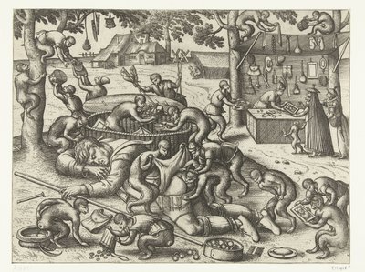 Schlafender Hausierer von Affen beraubt (Serie: Affenspiel) von Pieter van der Borcht (I)