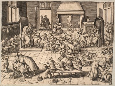Das Klassenzimmer. Affen, die in einem Klassenzimmer unterrichtet und gezüchtigt werden von Pieter van der Borcht