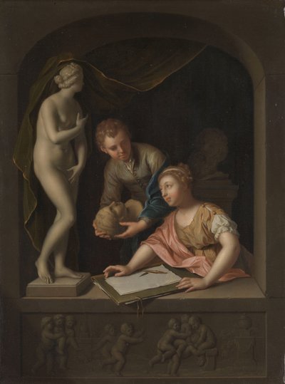 Ein Mädchen zeichnet und ein Junge neben einer Venusstatue von Pieter van der Werff