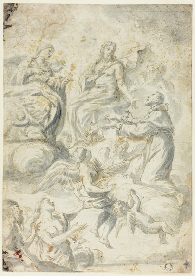 Der heilige Nikolaus von Tolentino bittet Christus und Madonna um Fürsprache für Seelen im Limbus von Pietro Antonio Novelli