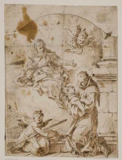 Der heilige Antonius von Padua kniet mit dem Christuskind in den Armen, während die Jungfrau und Engel am Himmel erscheinen von Pietro Antonio Novelli
