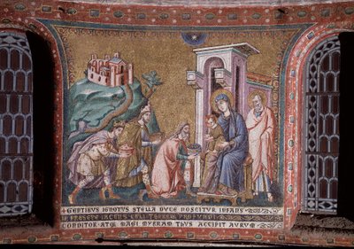 Anbetung der Mosaik-Magi der Apsis von Pietro Cavallini (aktiv um 1273-1330) Ende des 13. Jahrhunderts (Anbetung der Magi, Mosaik aus der Apsis von Pietro Cavallini, Ende des 13. Jahrhunderts) Rom, Kirche Santa Maria in Trastevere Italien von Pietro Cavallini