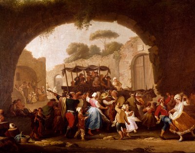 Tanzszene und Volksfest in Neapel (Detail). Tarantella-Tänzer. Gemälde von Pietro Fabris (aktiv zwischen 1763 und 1776) 18. Jahrhundert Neapel, Museo Nazionale di San Martino von Pietro Fabris