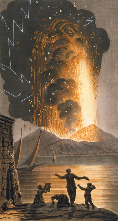 Ansicht des großen Ausbruchs des Vesuvs in der Nacht zum Sonntag, 8. August 1779, vom Palast Seiner Sizilianischen Majestät in Pausilipo, Platte II, veröffentlicht 1779 (handkolorierter Stich) von Pietro Fabris
