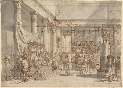 Timotheus spielt die Leier vor Alexander und Thaïs in der Halle des Palastes von Persepolis von Pietro Fancelli