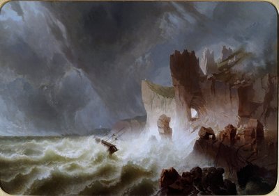 Einsame Küste Meereslandschaft mit Schiff im Sturm und an den Klippen zerschellt von Pietro Giuria