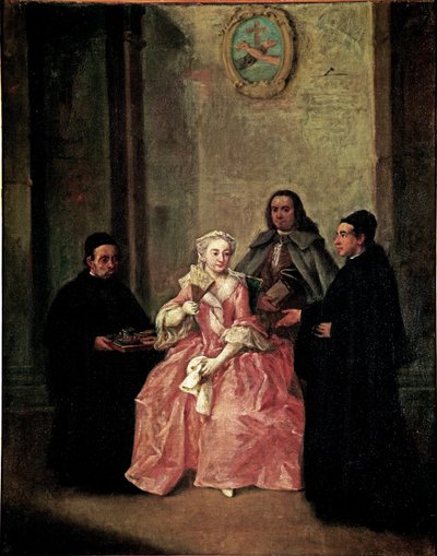 Ein Mönch bietet einem Paar heiße Schokolade mit venezianischen Keksen an. Gemälde von Pietro Longhi (1702-1785) 1774. Venedig, Ca