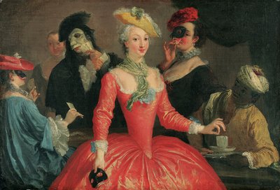 Elegante Gesellschaft in Maskenkostümen beim Kaffeetrinken und Kartenspielen von Pietro Longhi