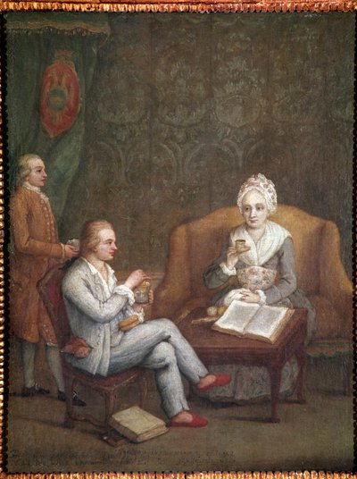 Porträt von Adriana Giustinian mit ihrem Sohn Gerolamo Ascanio beim Trinken von heißer Schokolade von Pietro Longhi