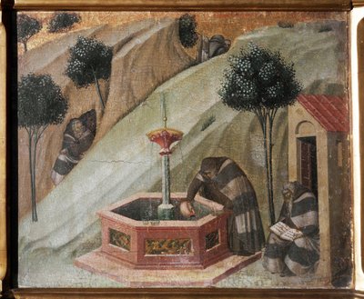 (Detail) des Altars von Karmel: Ein Einsiedler mit der Quelle von Elija von Pietro Lorenzetti