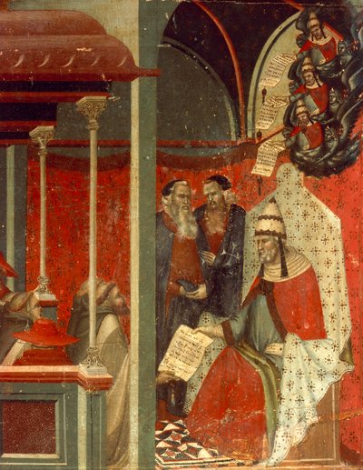 Honorius III. genehmigt die Karmelitenregel, Detail aus der Predella des Altarbildes für das Carmine von Pietro Lorenzetti
