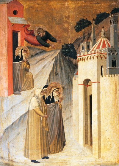 Der heilige Johannes befiehlt dem Seligen, ein Kloster in Florenz zu bauen, Fliese auf dem Altarbild der Seligen Demut von Pietro Lorenzetti