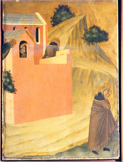 Der Selige entkommt aus dem Kloster und überquert den Fluss Lamone, Kachel auf dem Altarbild der Seligen Demut von Pietro Lorenzetti