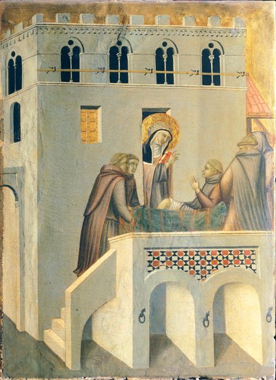 Der Selige heilt den Fuß eines Mönchs der Abtei Vallombrosa, Kachel auf dem Altarbild der Seligen Demut von Pietro Lorenzetti