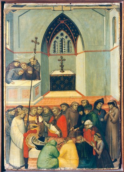 Der exhumierte Körper des Seligen wird intakt und frisch gefunden, Fliese auf dem Altarbild der Seligen Demut von Pietro Lorenzetti