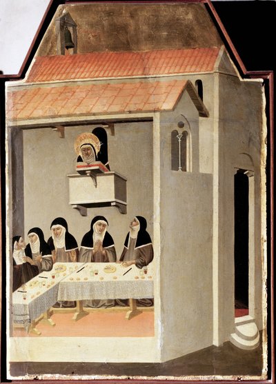 Der Analphabetische Heilige liest auf wundersame Weise (Polyptychon des Lebens von Saint Humility) von Pietro Lorenzetti