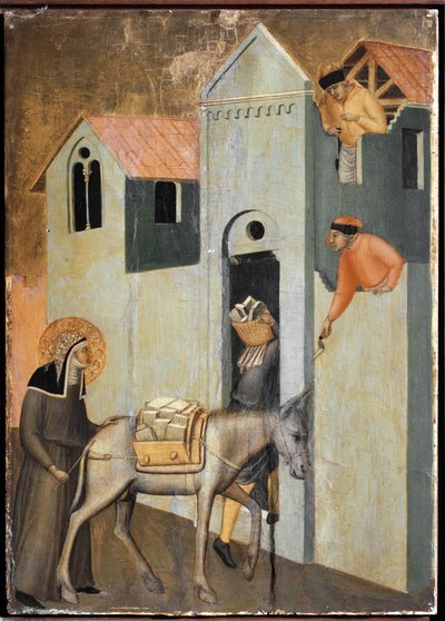 Der Heilige bringt Ziegel, um ein neues Kloster in Florenz zu bauen (Detail) von Pietro Lorenzetti