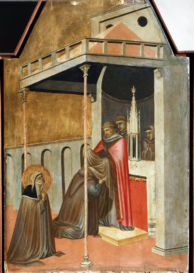Ugolotti nimmt das Mönchsgewand an (Detail des Polyptychons Leben der heiligen Demut) von Pietro Lorenzetti