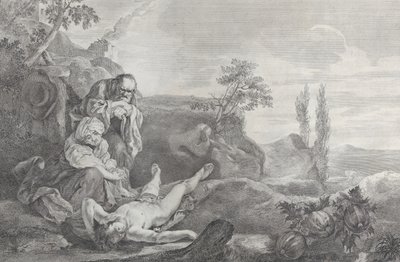Adam und Eva als älteres Paar, trauernd über die Leiche von Abel von Pietro Monaco