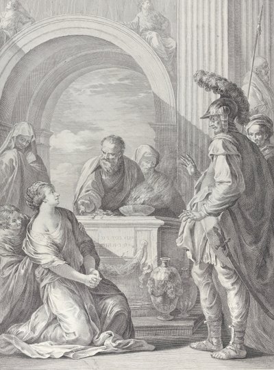 Jephtas Tochter kniet am Opferaltar, mit ihrem Vater stehend rechts, 1730-50 von Pietro Monaco