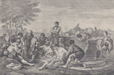 Joseph wird von seinen Brüdern in die Sklaverei verkauft, die um einen Brunnen sitzen und das Geld aufteilen, 1730-39 von Pietro Monaco