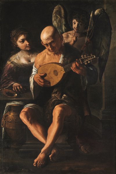 Ein älterer Mann spielt Gitarre mit einer Frau und einem Putto von Pietro Paolini