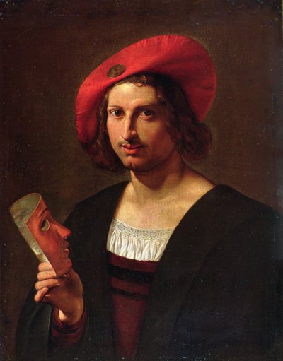 Porträt eines jungen Mannes mit einem Abzeichen am Hut, der eine Maske hält von Pietro Paolini