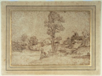 Landschaft mit einem See und Gebäuden, eine Mutter und ein Kind sitzen unter einem Baum von Pietro Paolo (attr. to) Bonzi