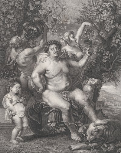 Bacchus sitzt auf einem Fass vor Weinreben, mit Bacchantinnen, Satyrn und Kindern von Pietro Peiroleri