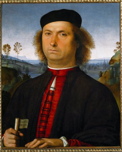 Porträt von Francesco delle Operere. Er hält eine Schriftrolle mit der Aufschrift „Timete deum“ (Fürchtet Gott) von Pietro Perugino