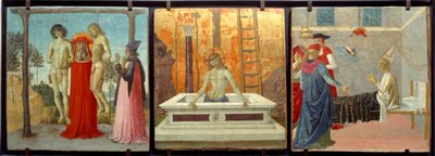 Der heilige Hieronymus unterstützt zwei zu Unrecht gehängte junge Männer von Pietro Perugino