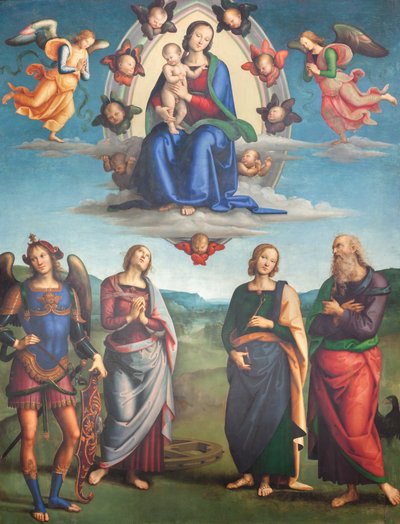 Jungfrau mit Kind in Herrlichkeit mit Heiligen von Pietro Perugino