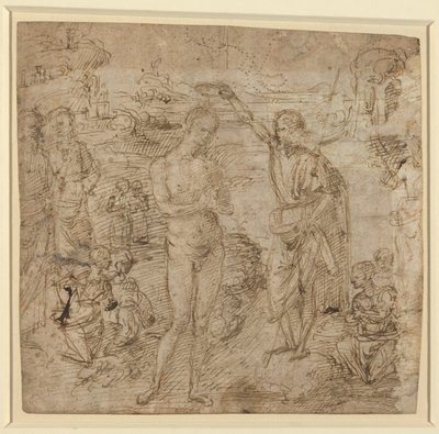 a) Die Taufe Christi; b) Gewandete Figur mit Buch und Mann mit Axt, um 1475 von Pietro Perugino