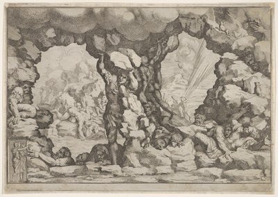 Ein Riese wirft einen Felsbrocken, andere Riesen kämpfen von Pietro Santi Bartoli